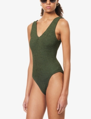 Hunza G Womens Metallic Khaki Sadie Scoop-neck Crinkle-textured Swimsuit In Green