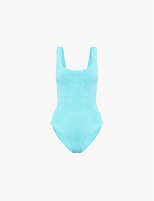 HUNZA G: Square-neck crinkle-textured swimsuit