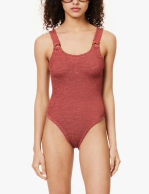 Hunza G Womens Metallic Rosewood Domino Scoop-neck Swimsuit In Metallic Rosewood