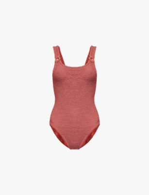 Hunza G Womens Metallic Rosewood Domino Scoop-neck Swimsuit In Metallic Rosewood