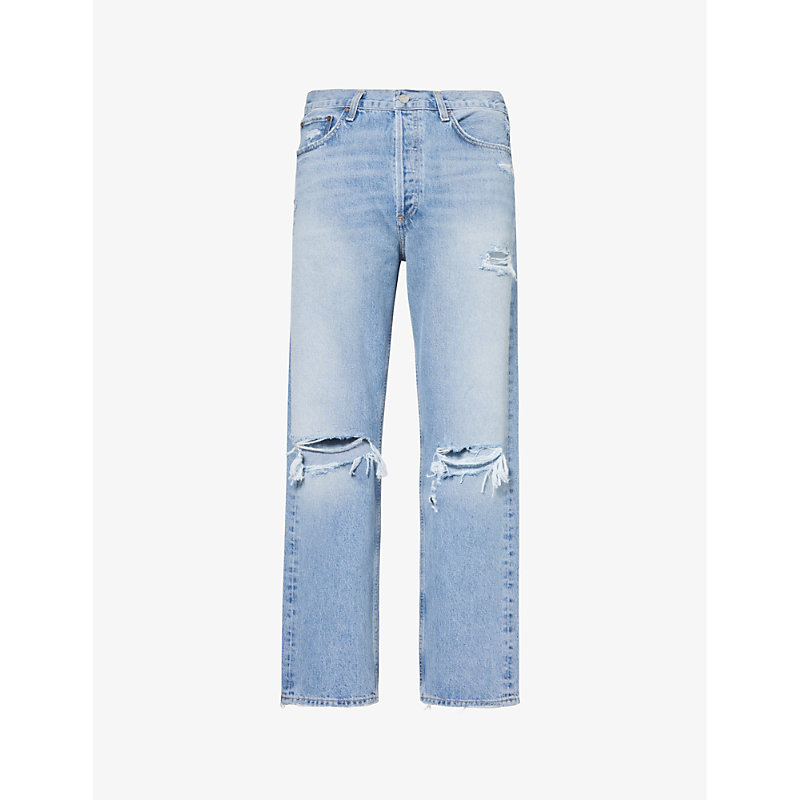 Shop Agolde Men's Threadbare (pale Ind) 90s Distressed Straight-leg Mid-rise Organic-denim Jeans