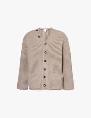 Shop Bottega Veneta Mens V-neck Ribbed Wool And Cashmere-blend Cardigan Sand Melange