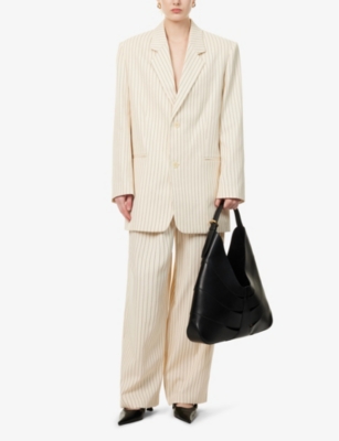 Shop The Frankie Shop Womens  Ripley Wide-leg High-rise Woven-blend Trousers In Beige Black Pinstripe