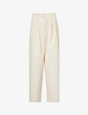 Shop The Frankie Shop Womens  Ripley Wide-leg High-rise Woven-blend Trousers In Beige Black Pinstripe