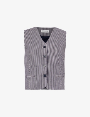 Shop The Frankie Shop Womens Vy White Stripe Clare Pinstriped Cotton-poplin Waistcoat In Navy White Stripe