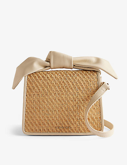 TED BAKER: Niyahna bow-embellished leather and faux-raffia cross-body bag