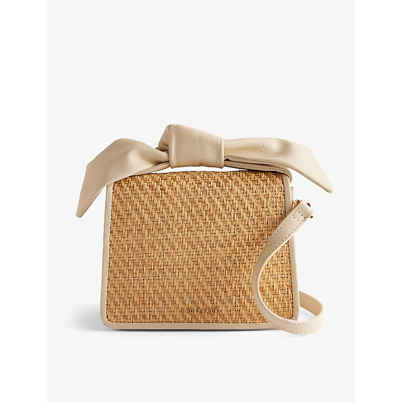 Ted Baker Womens Ivory Niyahna Bow-embellished Leather And Faux-raffia Cross-body Bag In Neutral