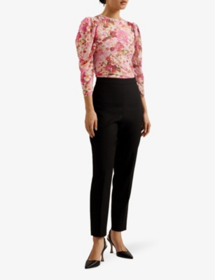 Shop Ted Baker Women's Pink Pressed Flower-print Puff-sleeve Stretch-mesh Top