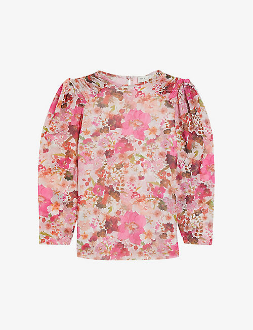 TED BAKER: Pressed flower-print puff-sleeve stretch-mesh top