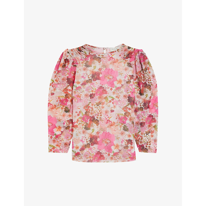 Ted Baker Womens Pink Pressed Flower-print Puff-sleeve Stretch-mesh Top