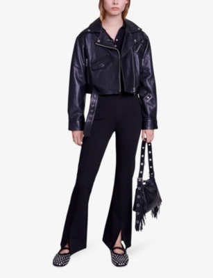 Maje Womens  Split-cuff Flare-leg High-rise Stretch-woven Trousers In Noir / Gris