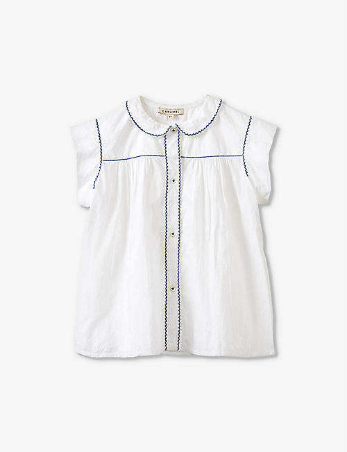 CARAMEL: Lemongrass contrast-stitched cotton top 3-12 years