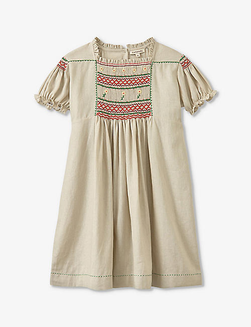 CARAMEL: Moringa embroidered linen-blend dress 3-12 years