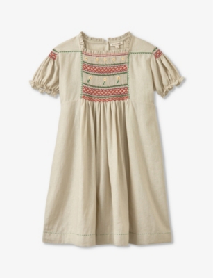 Shop Caramel Moringa Embroidered Linen-blend Dress 3-12 Years In Beige