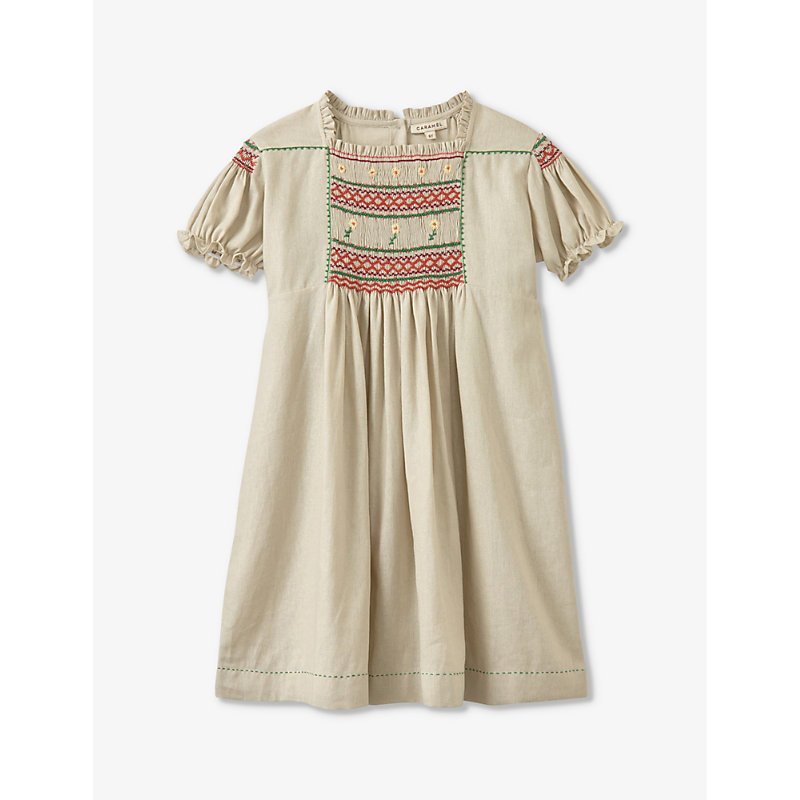 Shop Caramel Girls Beige Kids Moringa Embroidered Linen-blend Dress 3-12 Years