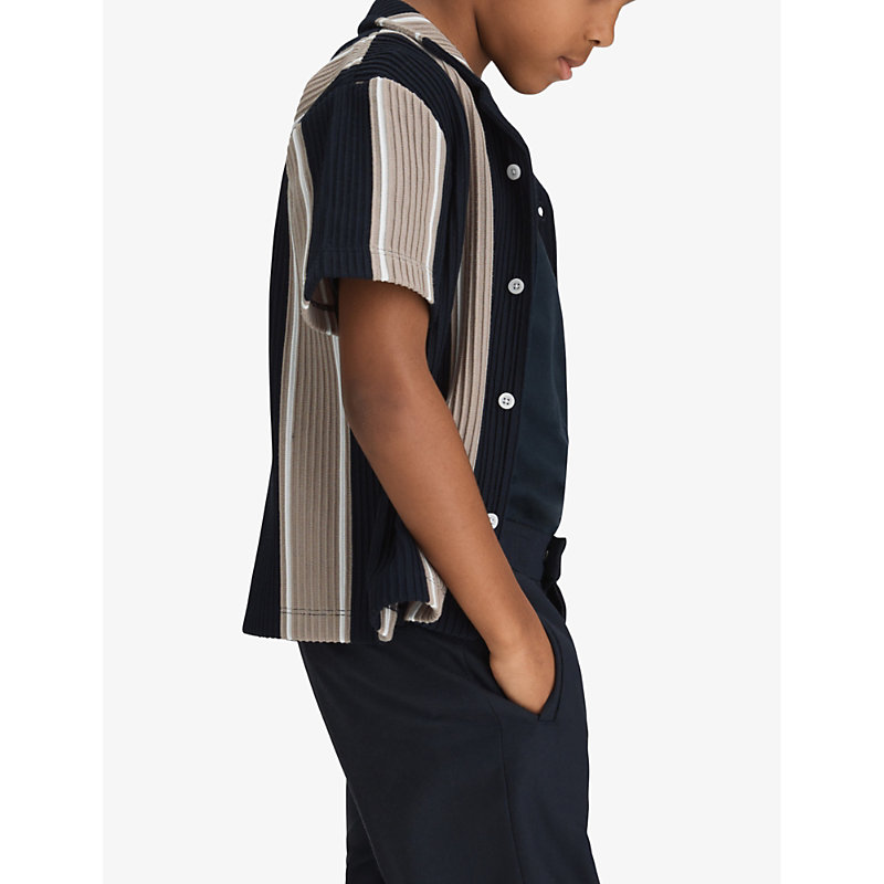 Shop Reiss Boys Navy/stone Kids Alton Striped Stretch-woven Shirt 3-9 Years