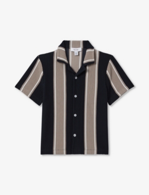 Shop Reiss Boys Navy/stone Kids Alton Striped Stretch-woven Shirt 3-9 Years