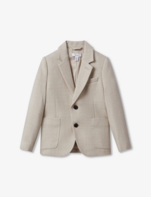 Reiss Stone 3-9 Yrs Textured Wool Blend Single Breasted Blazer In Stone