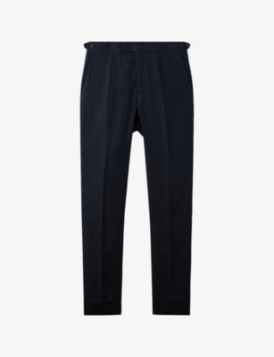 Reiss Mens Navy Kin Slim-leg Pressed-crease Linen Trousers