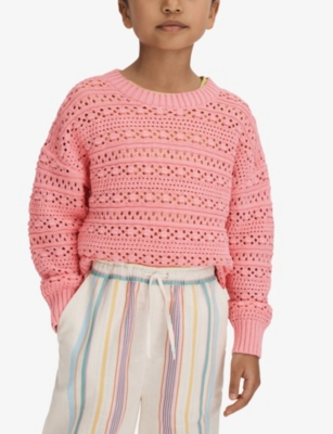 Shop Reiss Girls Pink Kids Isobel Crochet-knit Cotton Jumper 4-14 Years