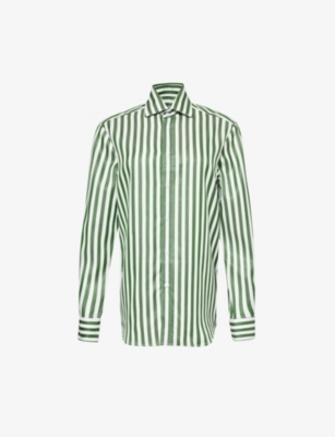 Shop With Nothing Underneath The Boyfriend Striped Woven Shirt In Forest Green Stripe