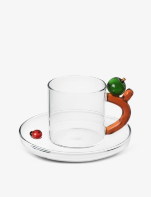 Apple and Ladybug glass coffee cup and saucer set