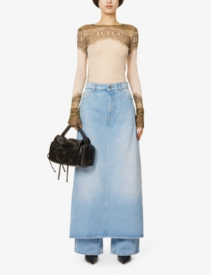 Shop Jean Paul Gaultier Women's Lightblue Jeans Brand-patch Mid-rise Denim Maxi Skirt