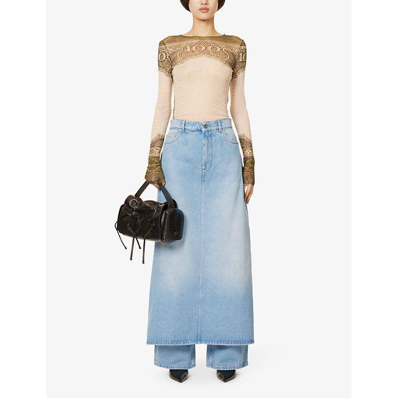 Shop Jean Paul Gaultier Women's Lightblue Jeans Brand-patch Mid-rise Denim Maxi Skirt