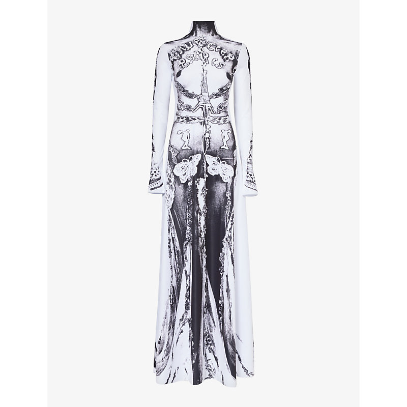 Shop Jean Paul Gaultier Women's White Black Paris Graphic-pattern Stretch-woven Maxi Dress