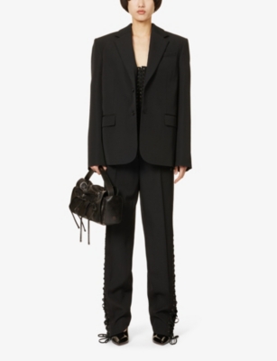 Shop Jean Paul Gaultier Women's Black Corseted Straight-leg Wool Trousers