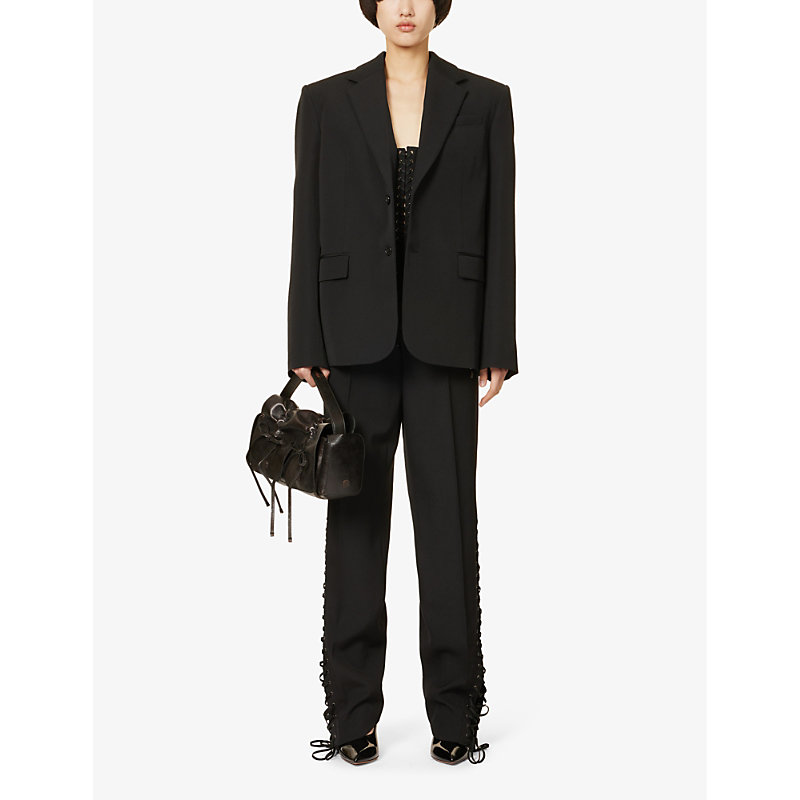 Shop Jean Paul Gaultier Women's Black Corseted Straight-leg Wool Trousers