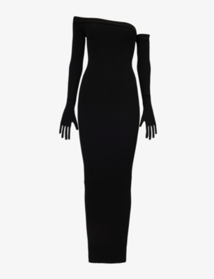 Jean Paul Gaultier Womens Black Glove Asymmetric-neck Knitted Maxi Dress