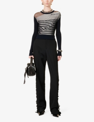 Shop Jean Paul Gaultier Womens Boat-neck Striped Sheer Woven Top Navy White Black