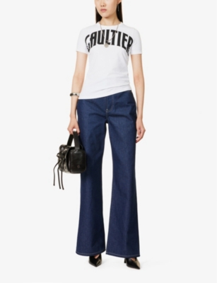 Shop Jean Paul Gaultier Women's White Black Logo-pattern Slim-fit Stretch-organic Cotton T-shirt