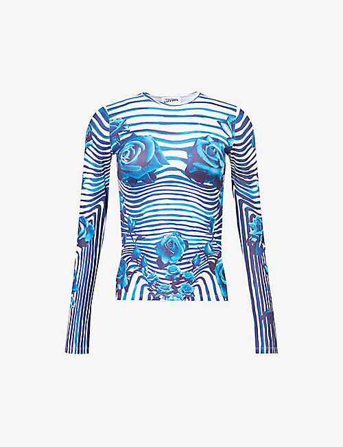 JEAN PAUL GAULTIER: Striped floral-print stretch-woven top