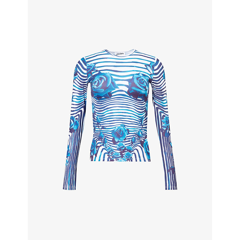 Shop Jean Paul Gaultier Striped Floral-print Stretch-woven Top In White Navy
