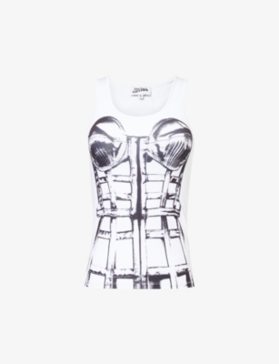 Shop Jean Paul Gaultier Women's White Black Corset Trompe-l'œil Jersey Tank Top