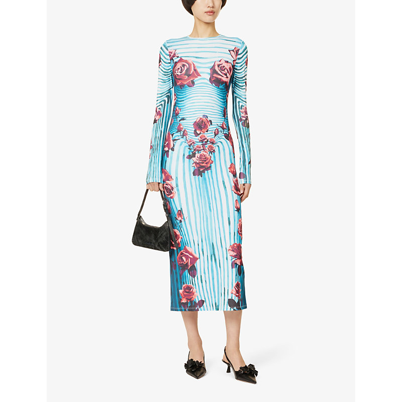 Shop Jean Paul Gaultier Womens Blue Red White Flower-print Slim-fit Stretch-woven Maxi Dress