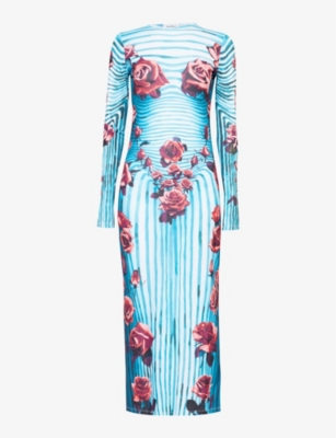 Shop Jean Paul Gaultier Women's Blue Red White Flower-print Slim-fit Stretch-woven Maxi Dress