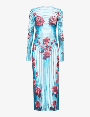Jean Paul Gaultier Floral Jersey Midi Dress In Blue Red White