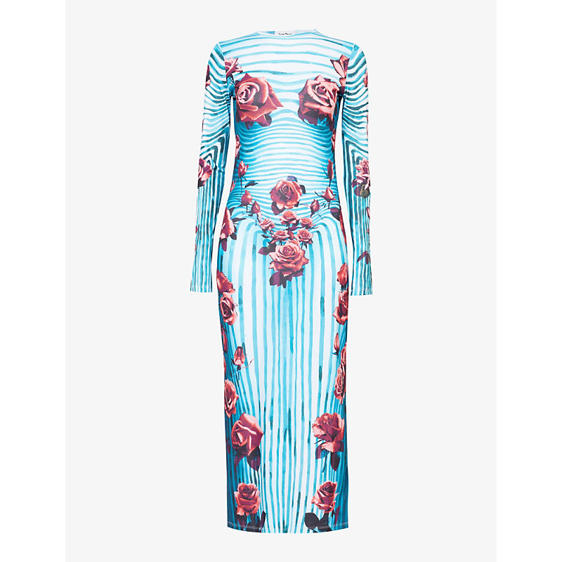 Shop Jean Paul Gaultier Womens Blue Red White Flower-print Slim-fit Stretch-woven Maxi Dress