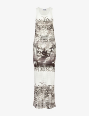 Shop Jean Paul Gaultier Diablo Graphic-print Slim-fit Cotton-blend Maxi Dress In White  Black