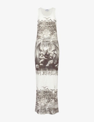 Shop Jean Paul Gaultier Women's White Black Diablo Graphic-print Slim-fit Cotton-blend Maxi Dress In White  Black