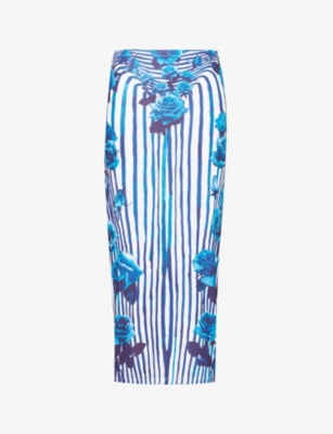 Jean Paul Gaultier Womens White Navy Striped Floral-print Stretch-woven Maxi Skirt