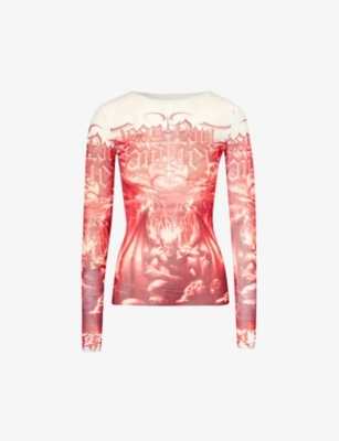 Shop Jean Paul Gaultier Womens White Red Diablo Graphic-pattern Mesh Top