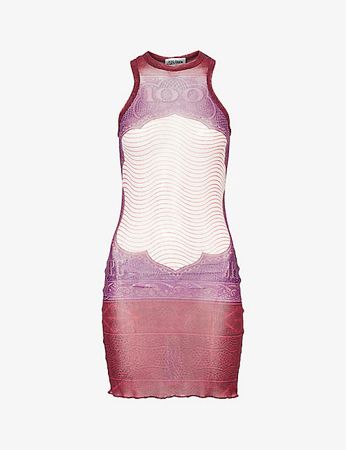 JEAN PAUL GAULTIER: Cartouche abstract-pattern sheer mesh mini dress
