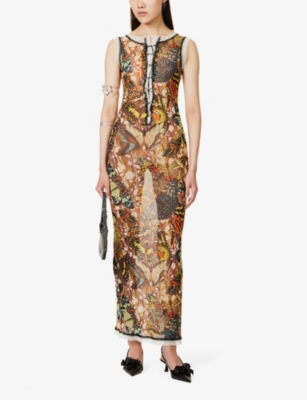 Shop Jean Paul Gaultier Women's Yellow Multicolor Papillon Graphic-pattern Mesh Maxi Dress