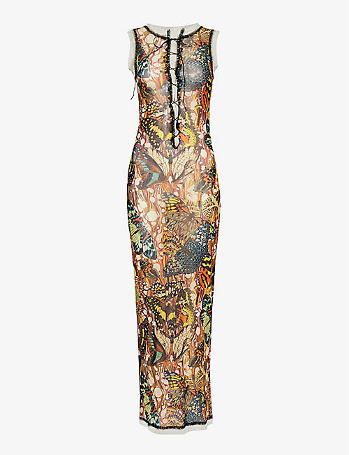JEAN PAUL GAULTIER: Papillon graphic-pattern mesh maxi dress