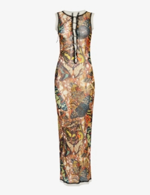 Shop Jean Paul Gaultier Women's Yellow Multicolor Papillon Graphic-pattern Mesh Maxi Dress