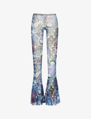 Jean Paul Gaultier Womens Blue Multicolor Papillon Flared-leg Low-rise Printed Sheer Mesh Trousers